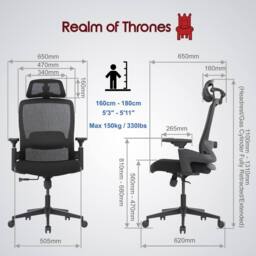 Realm of Thrones Comfortable Ergonomic Office Chair Black 3D Headrest Mesh Seat - thumbnail 8
