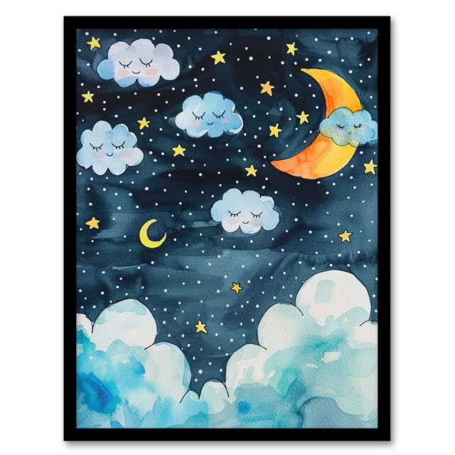 "Artery8 Cute Night Sky Stars Moon & Sleeping Clouds Framed Art Print in Blue - Size: W12"" x H16""" - image 1