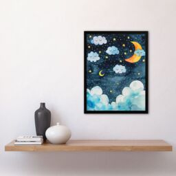 "Artery8 Cute Night Sky Stars Moon & Sleeping Clouds Framed Art Print in Blue - Size: W12"" x H16""" - thumbnail 4