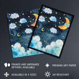 "Artery8 Cute Night Sky Stars Moon & Sleeping Clouds Framed Art Print in Blue - Size: W12"" x H16""" - thumbnail 2
