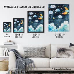 "Artery8 Cute Night Sky Stars Moon & Sleeping Clouds Framed Art Print in Blue - Size: W12"" x H16""" - thumbnail 3