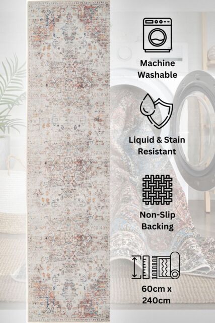 Kukoon Washable Runner Rug Beige Traditional Long Hallway Carpet Mat 80cm x 300cm - Size: 80 cm x 300 cm - image 1