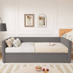 Rolipo 3FT Single Bed Grey Linen Daybed Sofa Bed With Pull Out Trundle - thumbnail 7