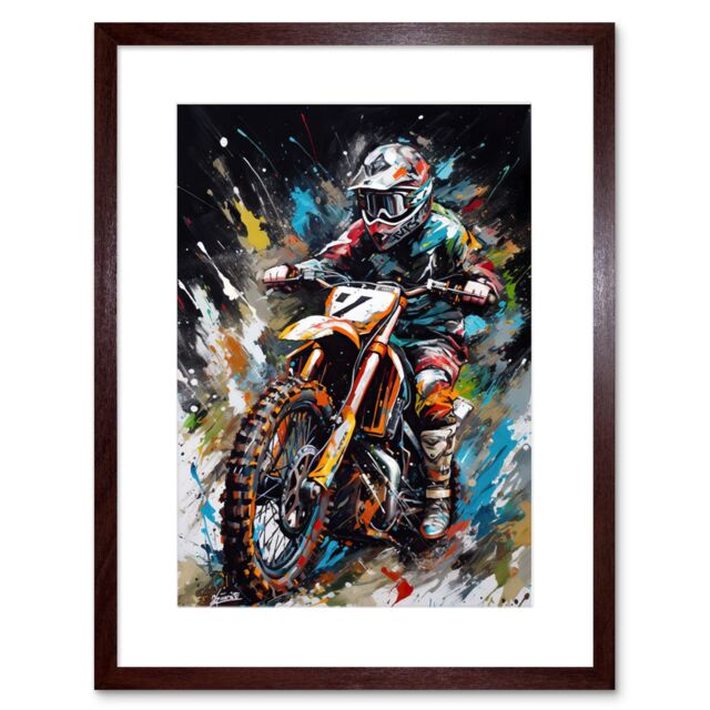 "Artery8 Wall Art Print Motocross Race Driver Number 7 Racing Action Shot Artwork Framed 9X7 Inch in Brown - Size: W7"" x H9""" - image 1