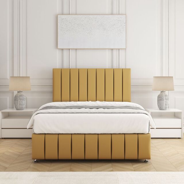 "BSSPOKE Sierra Plush Velvet Divan Bed Set 24""Headboard & Mattress & No Drawers in Mustard - Size: Small Double" - image 1