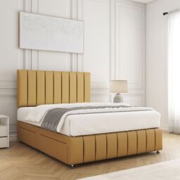 "BSSPOKE Sierra Plush Velvet Divan Bed Set 24""Headboard & Mattress & No Drawers in Mustard - Size: Small Double" - thumbnail 2