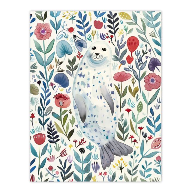 "Artery8 Cute Seal Swimming in Wildflowers Bright Floral Wall Art Print - Size: W18"" x H24""" - image 1
