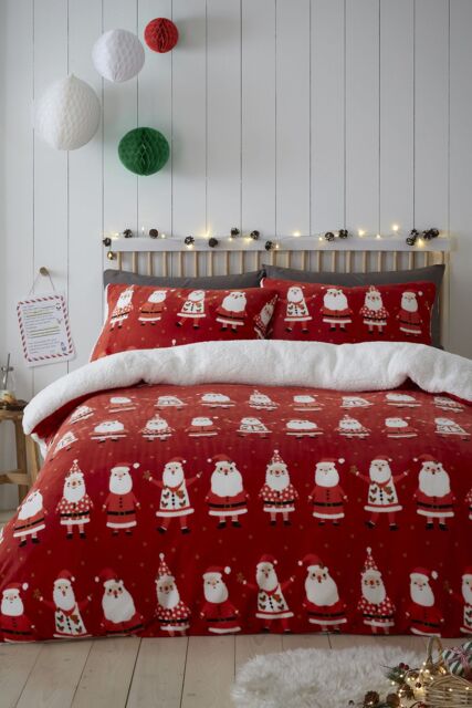 Bedlam 'Jolly Santa' Super Cosy Plush & Sherpa Duvet Cover Set in Red - Size: Double - image 1
