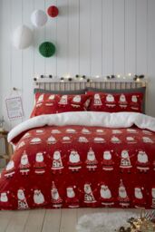 Bedlam 'Jolly Santa' Super Cosy Plush & Sherpa Duvet Cover Set in Red - Size: Double