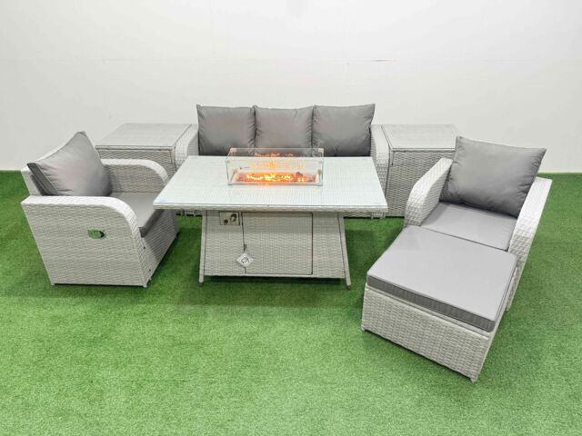 Fimous PE Rattan Garden Furniture Set Reclining Chair Sofa Lounge Sofa Set Firepit Dining Table 2 Side Table Big Footstool Light Grey - image 1