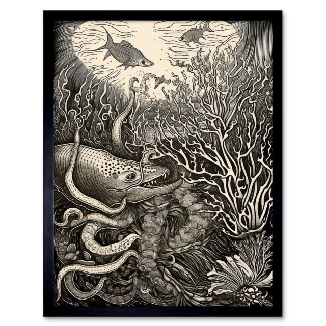 "Artery8 Wall Art Print Aquatic Animals & Plants Linocut Art Framed in Black - Size: W12"" x H16""" - image 1