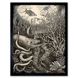 "Artery8 Wall Art Print Aquatic Animals & Plants Linocut Art Framed in Black - Size: W12"" x H16""" - thumbnail 1