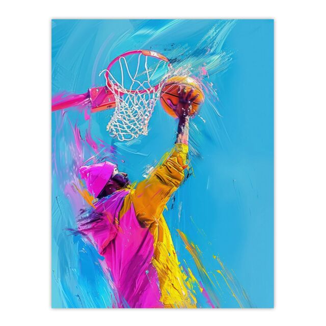 "Artery8 Wall Art Print Slam Dunk Shot Basketball Player Abstract Poster in Bright Blue - Size: W12"" x H16""" - image 1