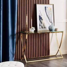 Wyld and Coco Glamour Glass Top Console Table Gold Stainless Steel 120 x 40cm - Size: 120 x 40 cm - thumbnail 1