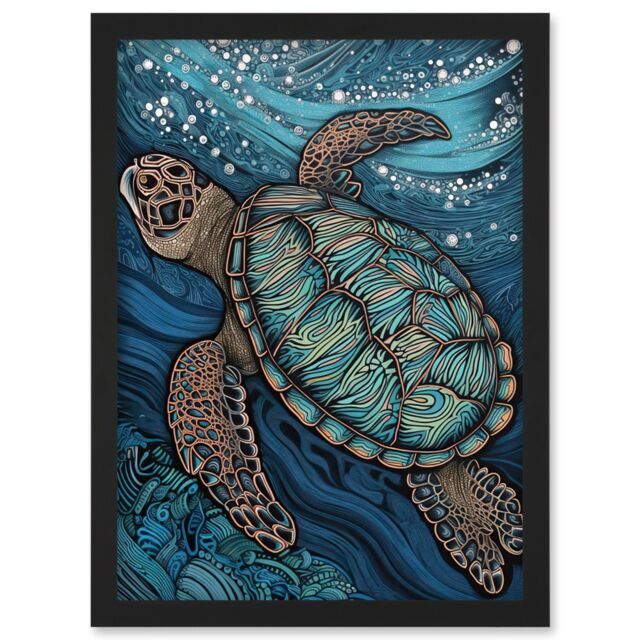 Artery8 Vibrant Sea Turtle Swimming Under the Surface Artwork Framed Wall Art Print A4 in Black - image 1