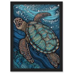 Artery8 Vibrant Sea Turtle Swimming Under the Surface Artwork Framed Wall Art Print A4 in Black - thumbnail 1