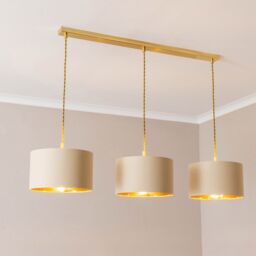 ValueLights Reni Metallic Drum Shade 3 Drop Bar Brushed Gold Diner Ceiling Light with Bulbs in Natural - thumbnail 1