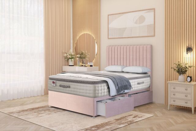 "Somnior Eleanor Plush 2 Drawer Divan Bed Set with Pillowtop & 54"" Headboard in Pink - Size: Single" - image 1