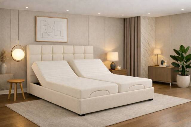 PARADISE BEDS LTD Electric Adjustable Comfortable Bed Set with Cube Design Headboard in Cream - Size: King - image 1