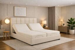PARADISE BEDS LTD Electric Adjustable Comfortable Bed Set with Cube Design Headboard in Cream - Size: King