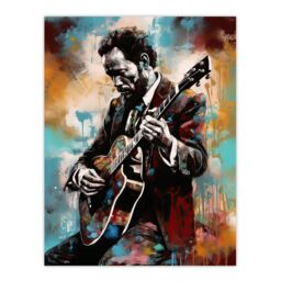 "Artery8 Wall Art Print Country Music Colourful Oil Painting Musician Playing Guitar Portrait Poster - Size: W18"" x H24""" - thumbnail 1