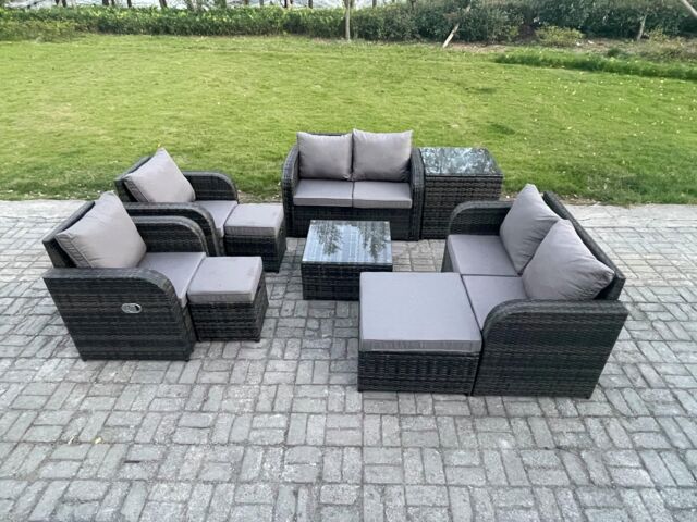 Fimous Garden Furniture Set Rattan Outdoor Lounge Sofa Chair With Tempered Glass Table 3 Footstools Side Table Dark Grey Mixed - image 1