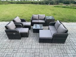 Fimous Garden Furniture Set Rattan Outdoor Lounge Sofa Chair With Tempered Glass Table 3 Footstools Side Table Dark Grey Mixed - thumbnail 1