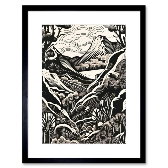 "Artery8 Wall Art Print Forest Mountain Landscape Black & White Linocut Artwork Framed 9X7 Inch - Size: W7"" x H9""" - image 1