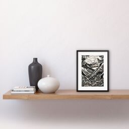 "Artery8 Wall Art Print Forest Mountain Landscape Black & White Linocut Artwork Framed 9X7 Inch - Size: W7"" x H9""" - thumbnail 2