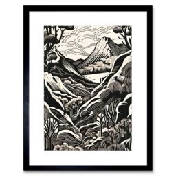"Artery8 Wall Art Print Forest Mountain Landscape Black & White Linocut Artwork Framed 9X7 Inch - Size: W7"" x H9""" - thumbnail 1