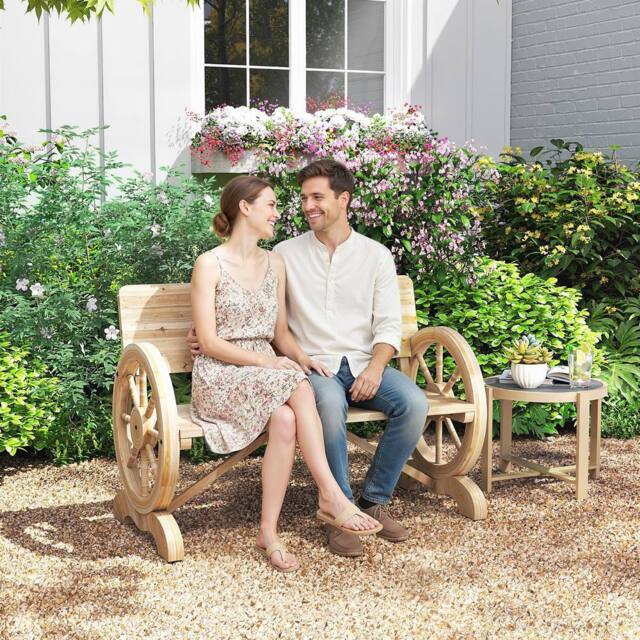 OUTSUNNY Wooden Garden Bench Outdoor Loveseat with High Back, Natural Wood - image 1