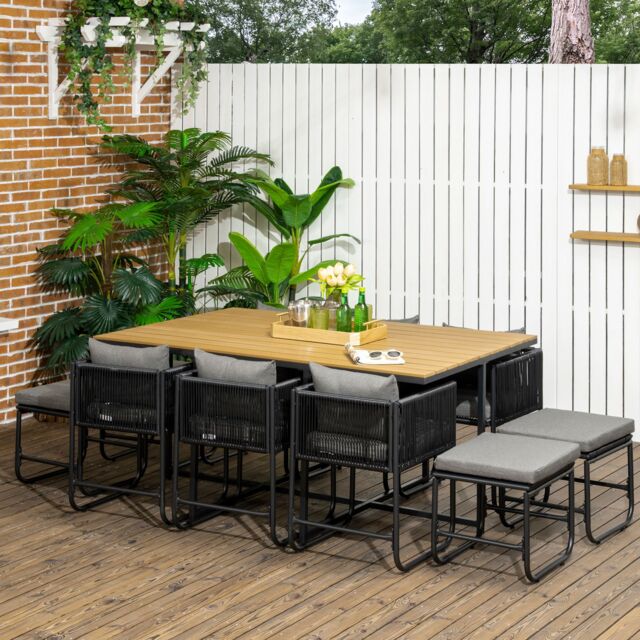 OUTSUNNY 11-PC Rattan Dining Set, 10-seater Table & Chair Sets with Space-saving Design in Black - Size: 11 Pack - image 1