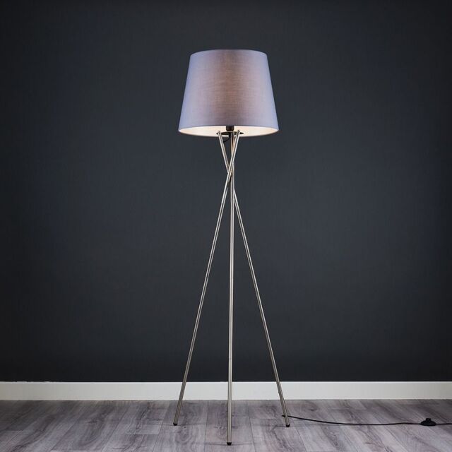 ValueLights Camden Brushed Chrome Tripod Floor Lamp with Grey Tapered Lamp Shade - image 1