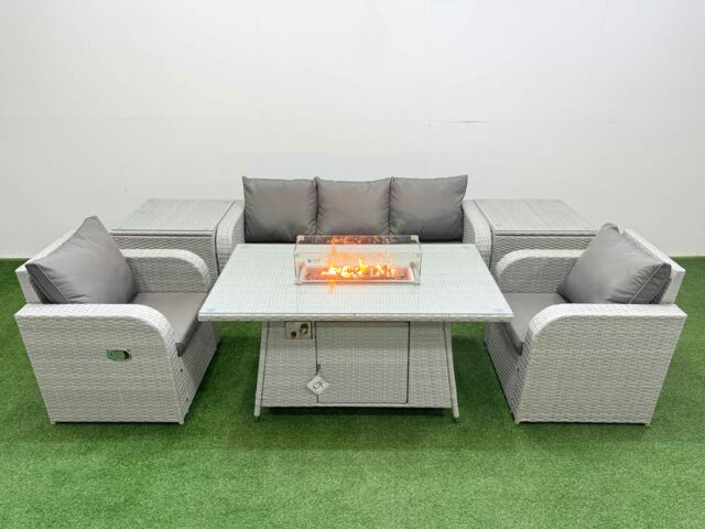 Fimous PE Rattan Garden Furniture Set Reclining Chair Sofa Lounge Sofa Set Firepit Dining Table 2 Side Table Light Grey - image 1