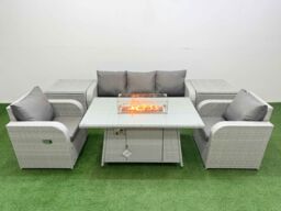 Fimous PE Rattan Garden Furniture Set Reclining Chair Sofa Lounge Sofa Set Firepit Dining Table 2 Side Table Light Grey - thumbnail 1
