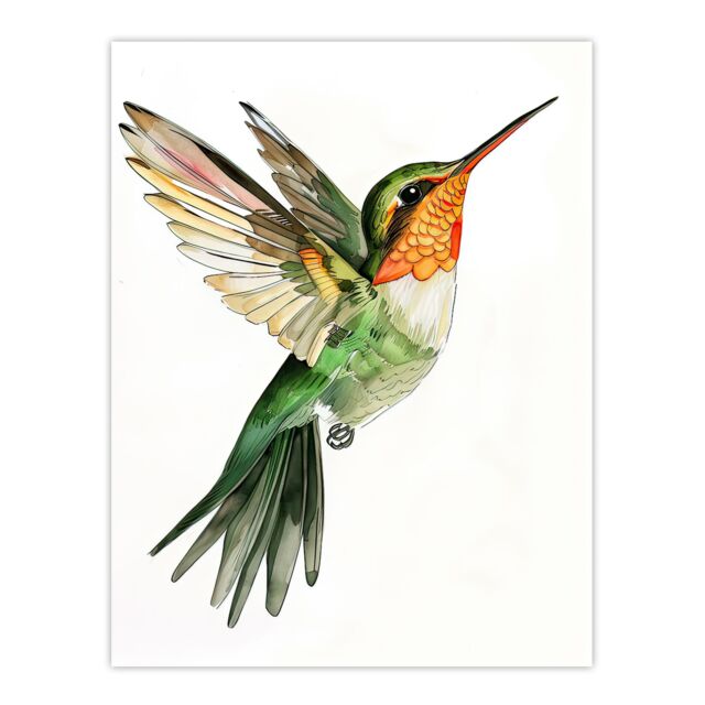 "Artery8 Hummingbird in Flight Green Orange Watercolour Wall Art Print - Size: W18"" x H24""" - image 1