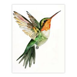 "Artery8 Hummingbird in Flight Green Orange Watercolour Wall Art Print - Size: W18"" x H24""" - thumbnail 1