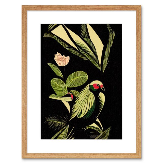 "Artery8 Wall Art Print Green Black Modern Vintage Tropical Plant Leaves with Bird Artwork Framed 9X7 Inch in Beige - Size: W7"" x H9""" - image 1