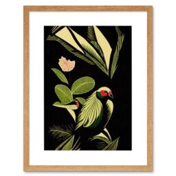 "Artery8 Wall Art Print Green Black Modern Vintage Tropical Plant Leaves with Bird Artwork Framed 9X7 Inch in Beige - Size: W7"" x H9""" - thumbnail 1