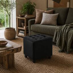 Wyld Haus Liviel Velvet Feel Charcoal Square Ottoman 35cm in Black - thumbnail 1