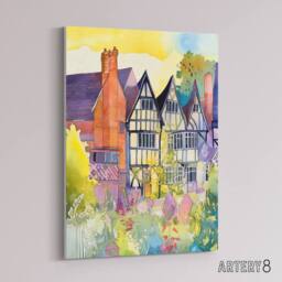 "Artery8 Sunrise Over Tudor Houses Floral Canvas Wall Art Print - Size: W18"" x H24""" - thumbnail 2