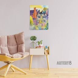 "Artery8 Sunrise Over Tudor Houses Floral Canvas Wall Art Print - Size: W18"" x H24""" - thumbnail 3