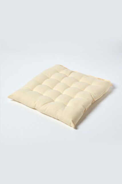 Homescapes Seat Pad Luxury 100% Cotton Indoor Outdoor Garden Cushion, Button Tie, 40cm in Cream - image 1