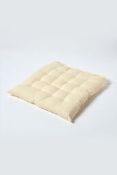 Homescapes Seat Pad Luxury 100% Cotton Indoor Outdoor Garden Cushion, Button Tie, 40cm in Cream