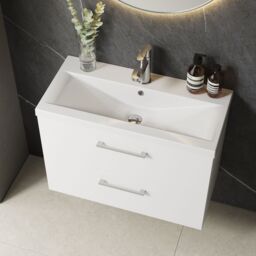 Balterley Bathroom Wall Hung 2 Soft Close Drawer Vanity Unit, Satin Green, 610mm in White - thumbnail 3