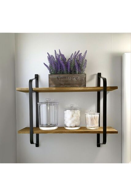 Living and Home 2 Tiers Wall Mounted Industrial Style Classic Metal Wire Tidy Wooden Decor Floating Shelf Display Rack Organizer in Black - image 1