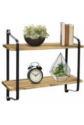 Living and Home 2 Tiers Wall Mounted Industrial Style Classic Metal Wire Tidy Wooden Decor Floating Shelf Display Rack Organizer in Black - thumbnail 2