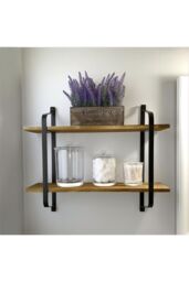 Living and Home 2 Tiers Wall Mounted Industrial Style Classic Metal Wire Tidy Wooden Decor Floating Shelf Display Rack Organizer in Black