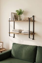 Living and Home 2 Tiers Wall Mounted Industrial Style Classic Metal Wire Tidy Wooden Decor Floating Shelf Display Rack Organizer in Walnut - thumbnail 5