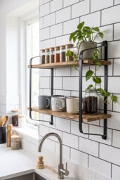 Living and Home 2 Tiers Wall Mounted Industrial Style Classic Metal Wire Tidy Wooden Decor Floating Shelf Display Rack Organizer in Walnut - thumbnail 6